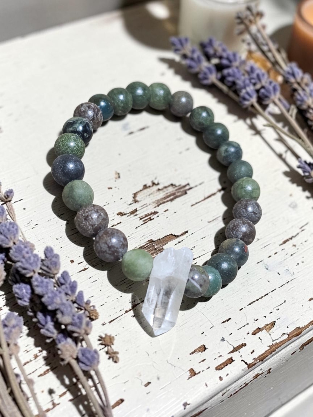 Handmade Indian Agate Green and Gray Beaded Bracelet with Clear Crystal Pendant